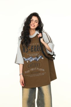 Retro Melange Spliced Short Sleeve T-Shirt for Couples - Unisex Letter Print Tee in 90s American Style