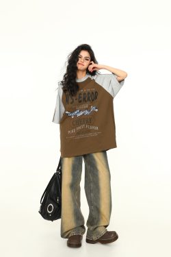 Retro Melange Spliced Short Sleeve T-Shirt for Couples - Unisex Letter Print Tee in 90s American Style