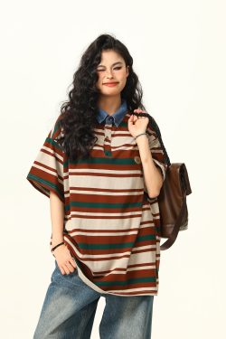 Retro Melard Striped Oversized Short Sleeve Summer T-Shirt for Women - Trendy American Style