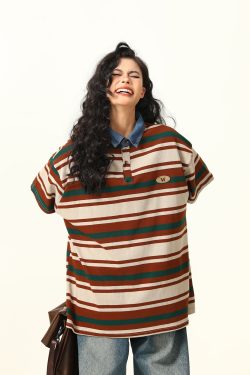 Retro Melard Striped Oversized Short Sleeve Summer T-Shirt for Women - Trendy American Style