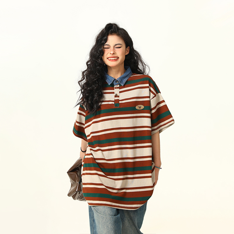 Retro Melard Striped Oversized Short Sleeve Summer T-Shirt for Women - Trendy American Style Retro Melard Striped Oversized Short Sleeve Summer T-Shirt for Women - Trendy American Style