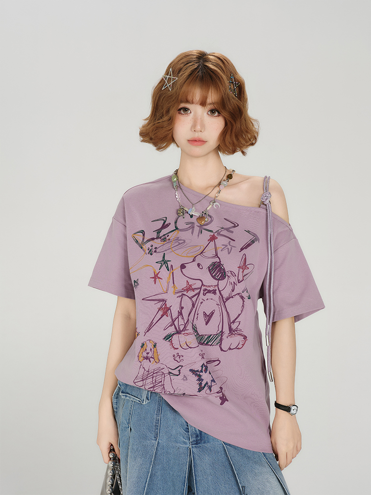 Retro Off-Shoulder Short Sleeve T-Shirt for Women - Summer Graffiti Print with Tie Design, Loose Fit, Y2K Style Retro Off-Shoulder Short Sleeve T-Shirt for Women - Summer Graffiti Print with Tie Design, Loose Fit, Y2K Style