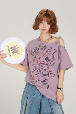 Retro Off-Shoulder Short Sleeve T-Shirt for Women - Summer Graffiti Print with Tie Design, Loose Fit, Y2K Style
