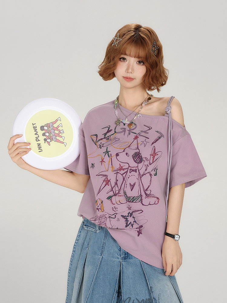 Retro Off-Shoulder Short Sleeve T-Shirt for Women - Summer Graffiti Print with Tie Design, Loose Fit, Y2K Style Retro Off-Shoulder Short Sleeve T-Shirt for Women - Summer Graffiti Print with Tie Design, Loose Fit, Y2K Style