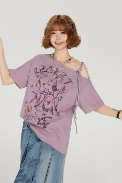 Retro Off-Shoulder Short Sleeve T-Shirt for Women - Summer Graffiti Print with Tie Design, Loose Fit, Y2K Style
