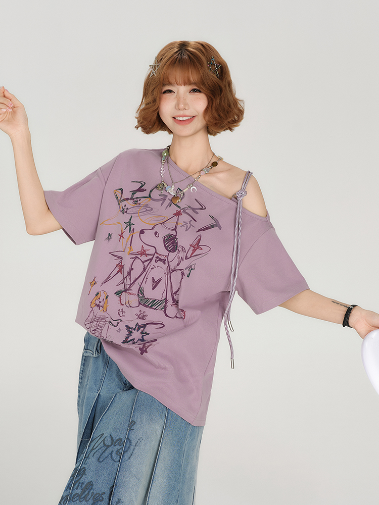 Retro Off-Shoulder Short Sleeve T-Shirt for Women - Summer Graffiti Print with Tie Design, Loose Fit, Y2K Style Retro Off-Shoulder Short Sleeve T-Shirt for Women - Summer Graffiti Print with Tie Design, Loose Fit, Y2K Style