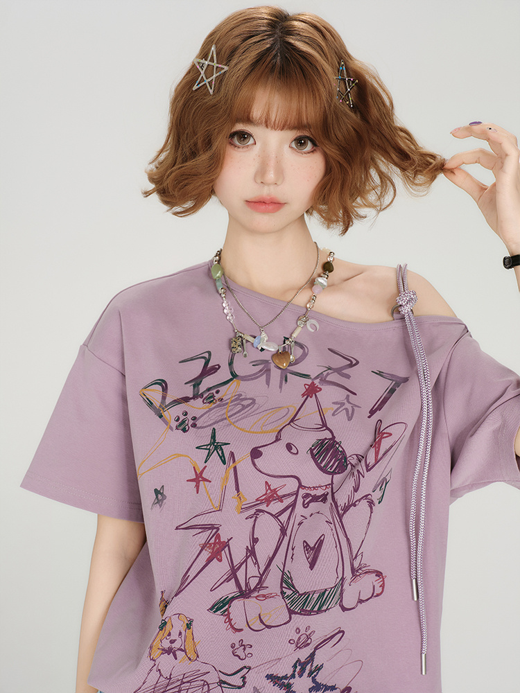 Retro Off-Shoulder Short Sleeve T-Shirt for Women - Summer Graffiti Print with Tie Design, Loose Fit, Y2K Style Retro Off-Shoulder Short Sleeve T-Shirt for Women - Summer Graffiti Print with Tie Design, Loose Fit, Y2K Style