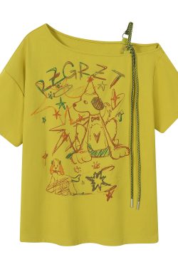 Retro Off-Shoulder Short Sleeve T-Shirt for Women - Summer Graffiti Print with Tie Design, Loose Fit, Y2K Style