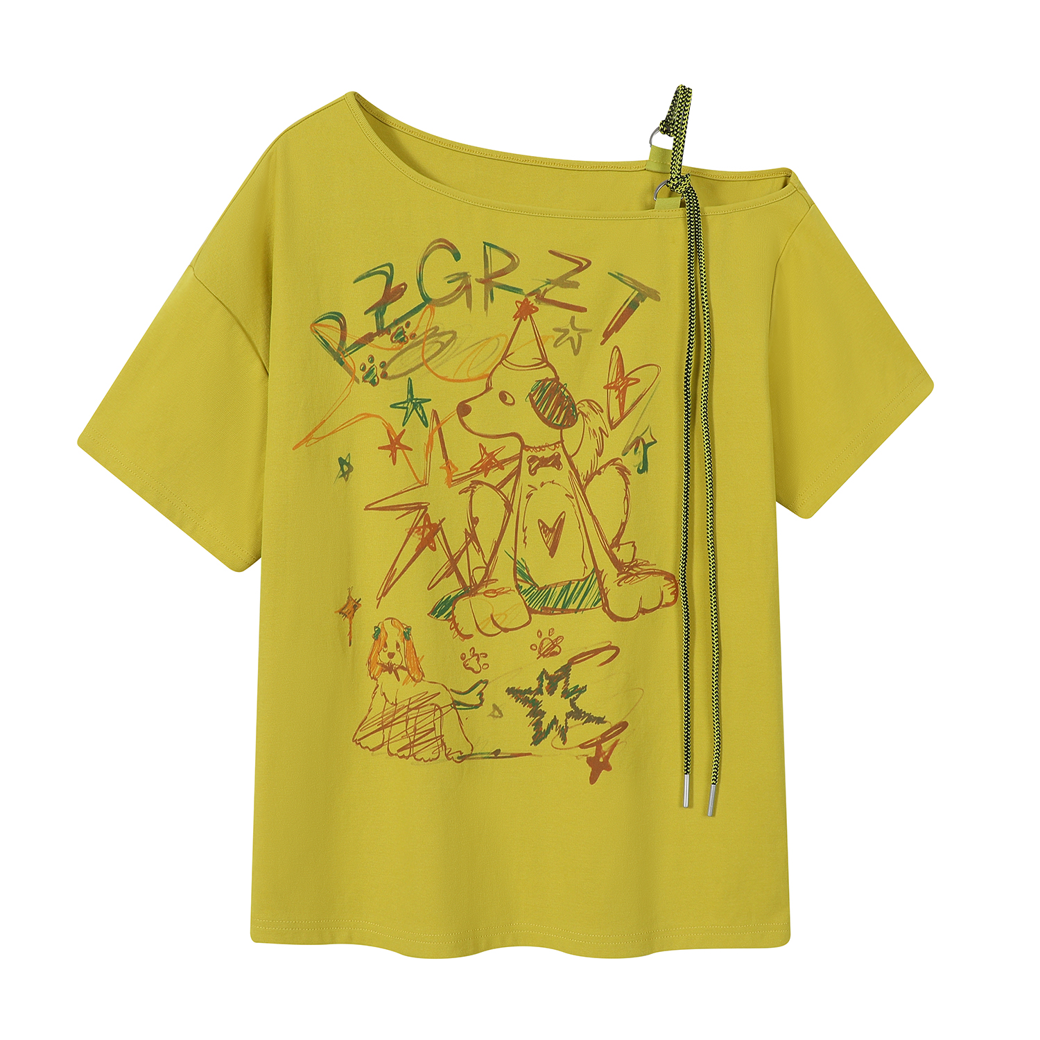 Retro Off-Shoulder Short Sleeve T-Shirt for Women - Summer Graffiti Print with Tie Design, Loose Fit, Y2K Style Retro Off-Shoulder Short Sleeve T-Shirt for Women - Summer Graffiti Print with Tie Design, Loose Fit, Y2K Style