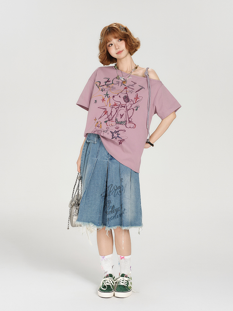 Retro Off-Shoulder Short Sleeve T-Shirt for Women - Summer Graffiti Print with Tie Design, Loose Fit, Y2K Style Retro Off-Shoulder Short Sleeve T-Shirt for Women - Summer Graffiti Print with Tie Design, Loose Fit, Y2K Style