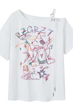 Retro Off-Shoulder Short Sleeve T-Shirt for Women - Summer Graffiti Print with Tie Design, Loose Fit, Y2K Style
