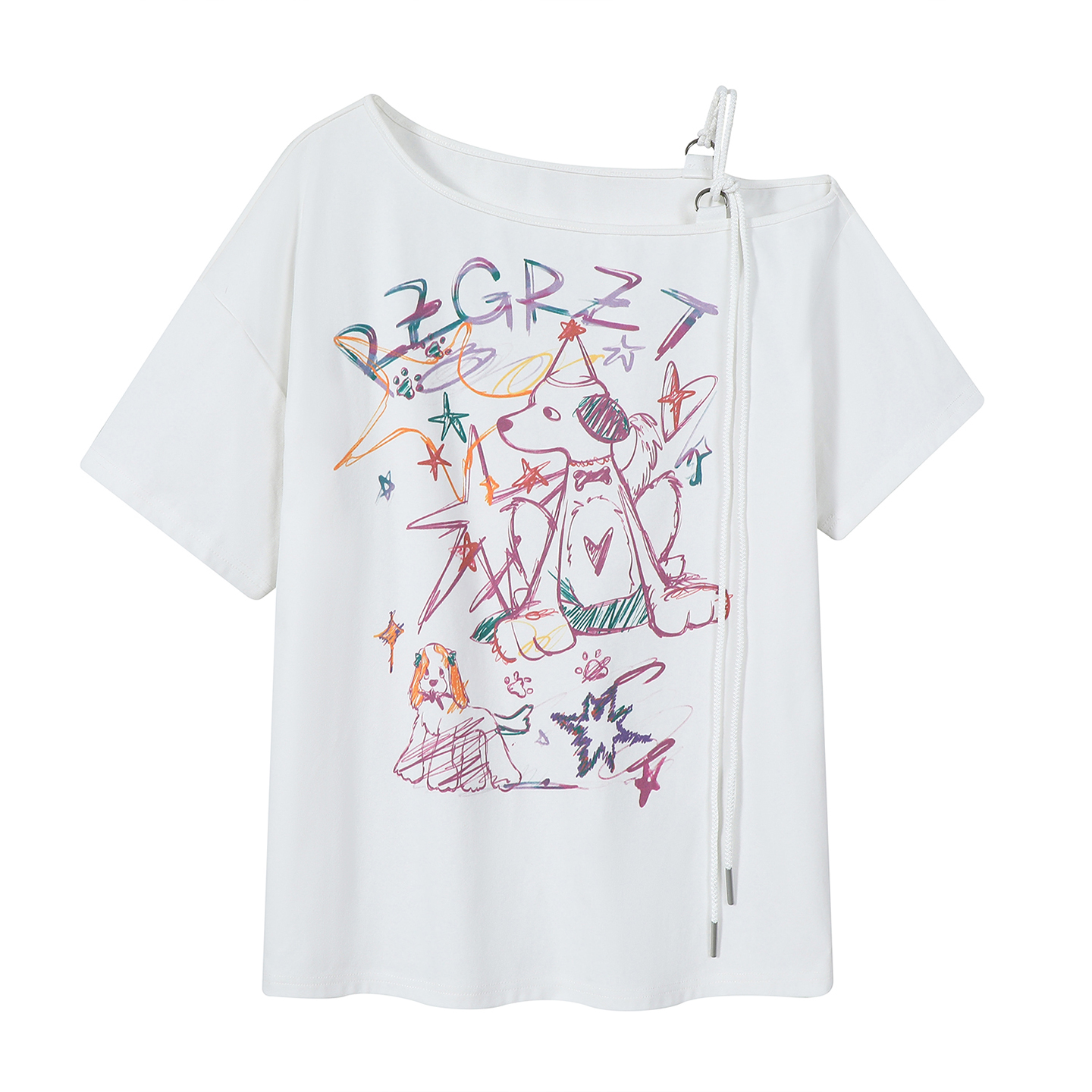 Retro Off-Shoulder Short Sleeve T-Shirt for Women - Summer Graffiti Print with Tie Design, Loose Fit, Y2K Style Retro Off-Shoulder Short Sleeve T-Shirt for Women - Summer Graffiti Print with Tie Design, Loose Fit, Y2K Style