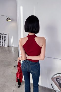 Retro Off-Shoulder Slim Knit Vest Top - Summer Half High Neck Fashion for Y2K Style