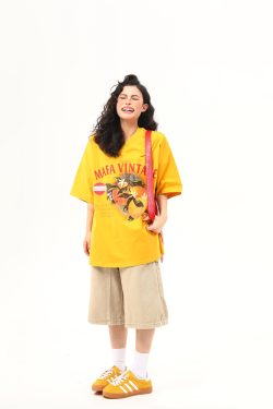 Retro Orange Print Short Sleeve T-Shirt for Women | Summer Vibe Ginger Yellow Tee | Y2K Fashion Top