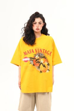 Retro Orange Print Short Sleeve T-Shirt for Women | Summer Vibe Ginger Yellow Tee | Y2K Fashion Top