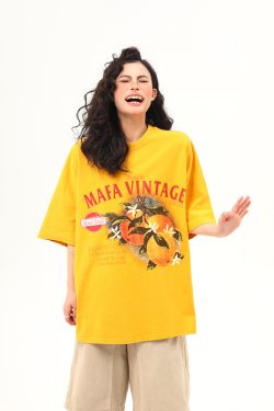 Retro Orange Print Short Sleeve T-Shirt for Women | Summer Vibe Ginger Yellow Tee | Y2K Fashion Top