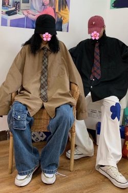 Retro Oversized Long Sleeve Shirt for Couples - Handmade Casual Korean Style Top for Spring and Autumn