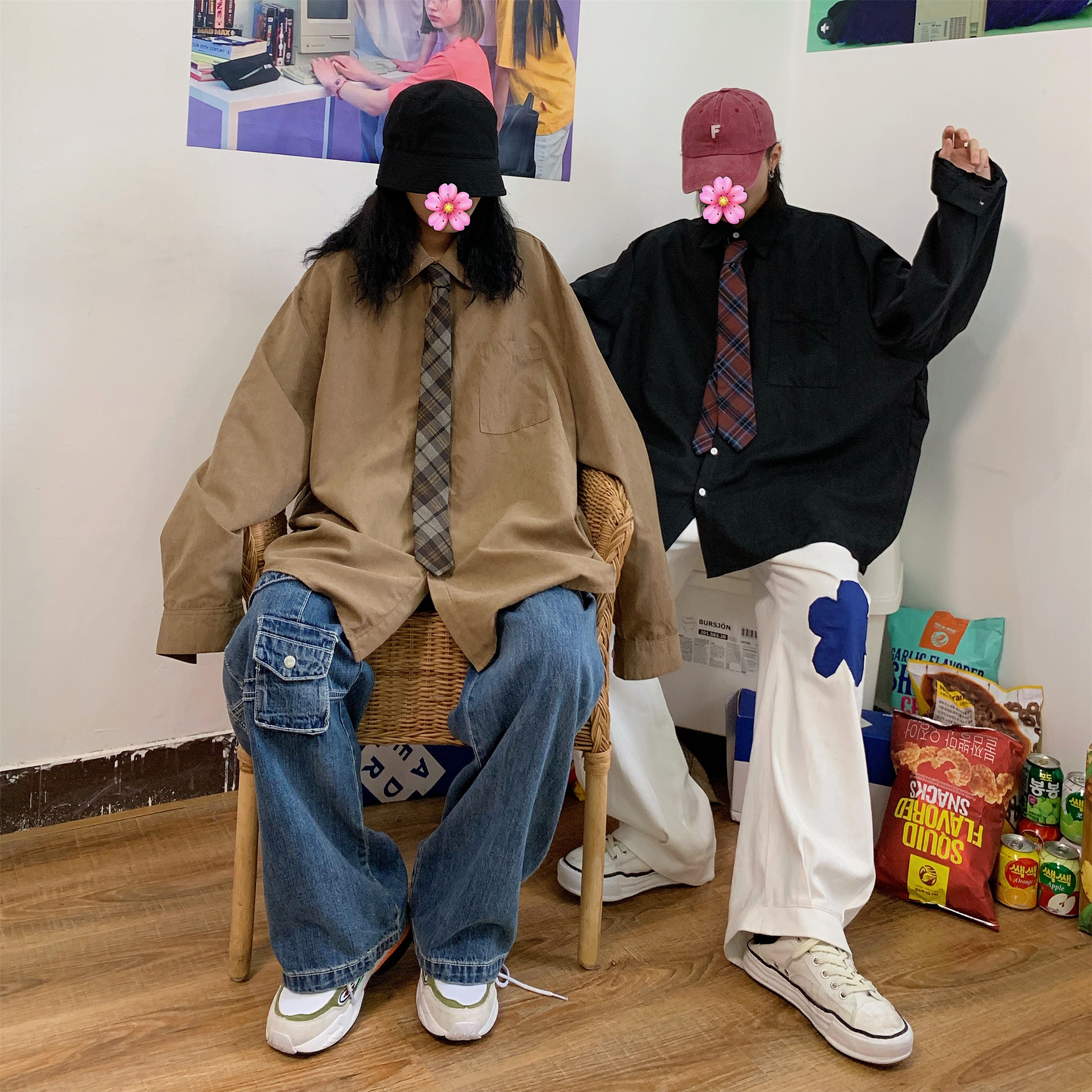 Retro Oversized Long Sleeve Shirt for Couples - Handmade Casual Korean Style Top for Spring and Autumn Retro Oversized Long Sleeve Shirt for Couples - Handmade Casual Korean Style Top for Spring and Autumn