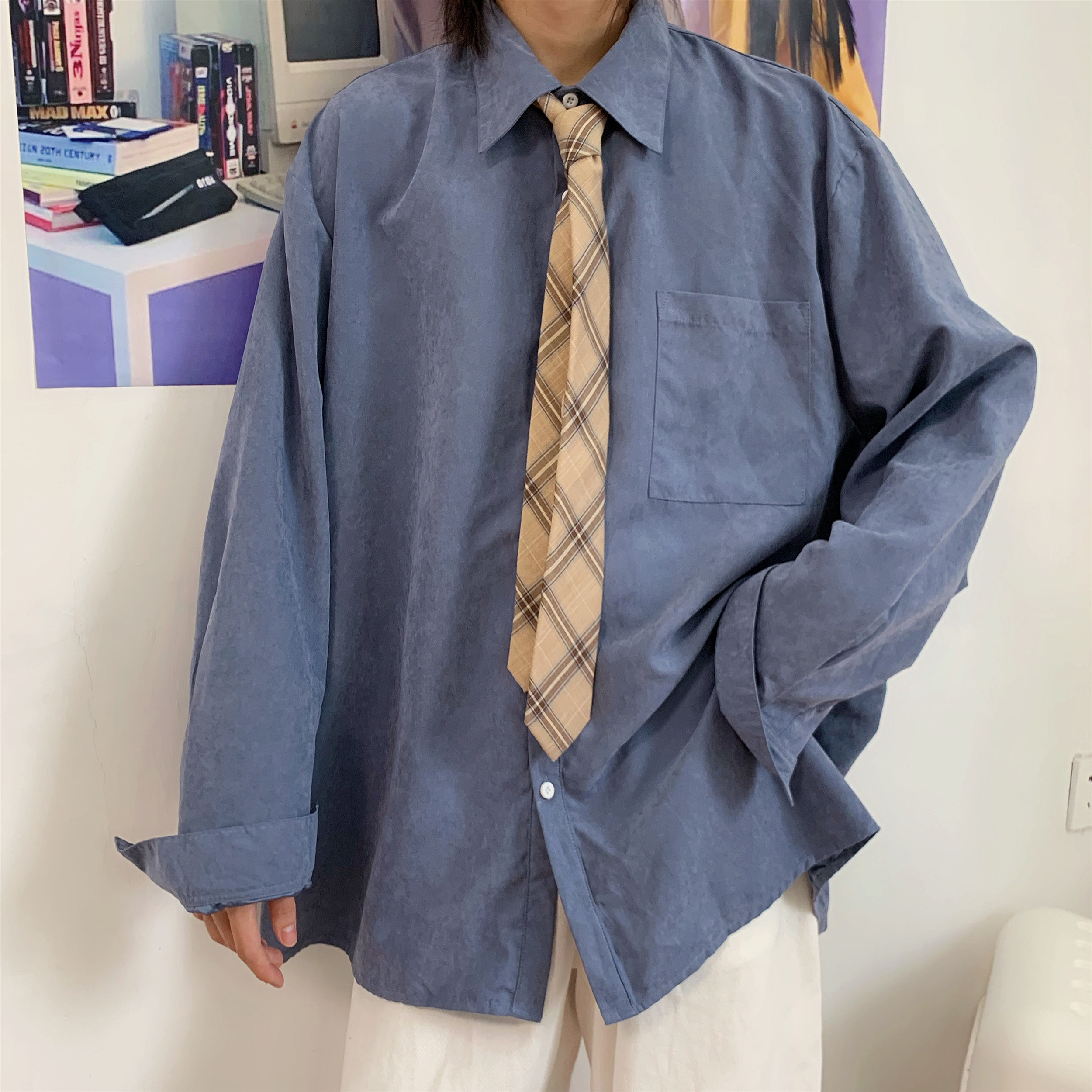 Retro Oversized Long Sleeve Shirt for Couples - Handmade Casual Korean Style Top for Spring and Autumn Retro Oversized Long Sleeve Shirt for Couples - Handmade Casual Korean Style Top for Spring and Autumn