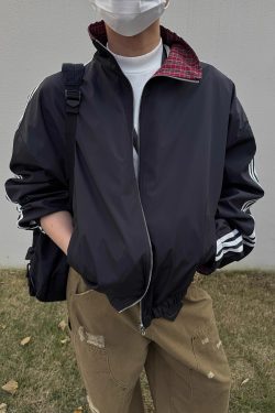 Retro Patchwork Reversible Jacket for Men and Women - Casual Three-Stripe Plaid Layering for Spring & Autumn Commuting