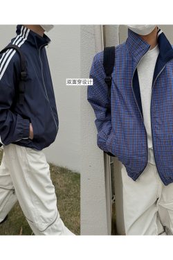 Retro Patchwork Reversible Jacket for Men and Women - Casual Three-Stripe Plaid Layering for Spring & Autumn Commuting