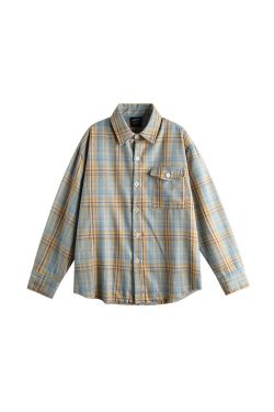 Retro Plaid Color-Blocking Long Sleeve Shirt for Men and Women - Versatile Casual Oversized Style for Early Spring