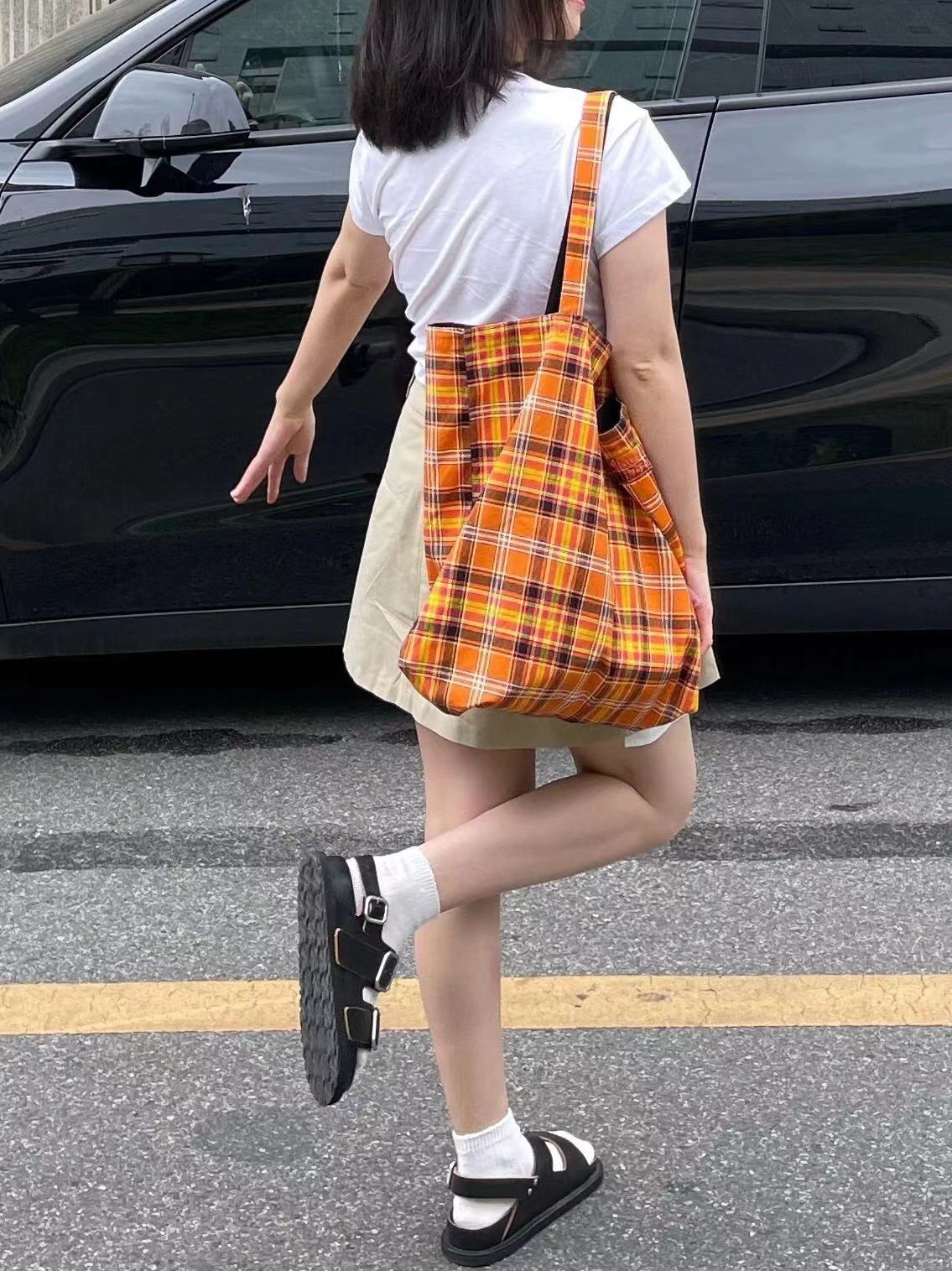 Retro Plaid Orange Tote Bag - Large Capacity Checkered Canvas Commuter Shoulder Bag for Stylish Shopping Retro Plaid Orange Tote Bag - Large Capacity Checkered Canvas Commuter Shoulder Bag for Stylish Shopping