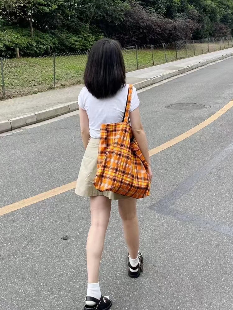 Retro Plaid Orange Tote Bag - Large Capacity Checkered Canvas Commuter Shoulder Bag for Stylish Shopping Retro Plaid Orange Tote Bag - Large Capacity Checkered Canvas Commuter Shoulder Bag for Stylish Shopping