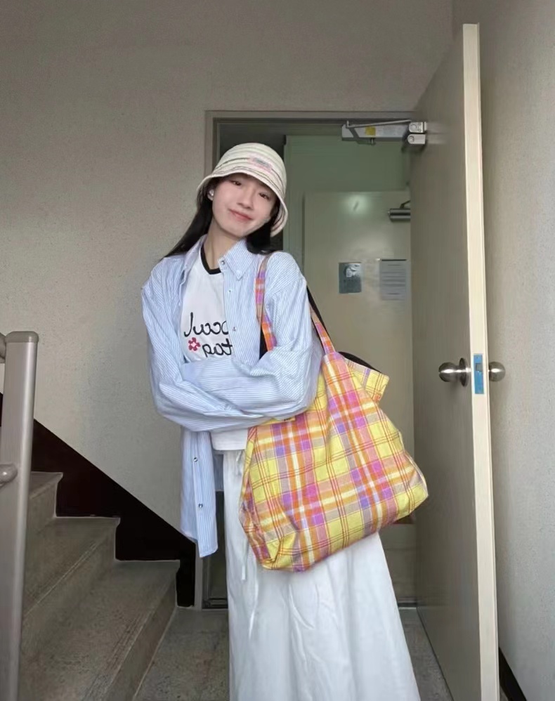 Retro Plaid Orange Tote Bag - Large Capacity Checkered Canvas Commuter Shoulder Bag for Stylish Shopping Retro Plaid Orange Tote Bag - Large Capacity Checkered Canvas Commuter Shoulder Bag for Stylish Shopping