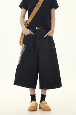 Retro Plaid Patchwork Cargo Cropped Denim Pants for Women - Loose Wide-Leg Black Jeans in 90s American Style