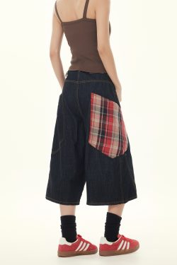 Retro Plaid Patchwork Cargo Cropped Denim Pants for Women - Loose Wide-Leg Black Jeans in 90s American Style