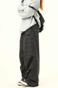 Retro Plaid Pleated Pants for Women - Loose Drape Casual Style, Trendy Versatile Bottoms, 90s Inspired Fashion
