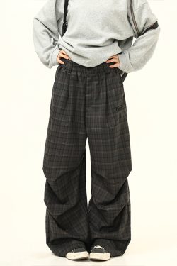 Retro Plaid Pleated Pants for Women - Loose Drape Casual Style, Trendy Versatile Bottoms, 90s Inspired Fashion