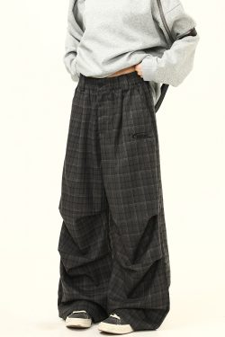 Retro Plaid Pleated Pants for Women - Loose Drape Casual Style, Trendy Versatile Bottoms, 90s Inspired Fashion