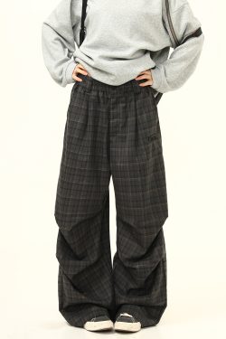 Retro Plaid Pleated Pants for Women - Loose Drape Casual Style, Trendy Versatile Bottoms, 90s Inspired Fashion