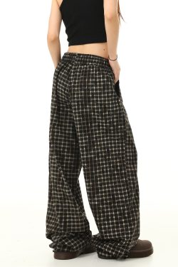 Retro Plaid Wide-Leg Casual Pants with Elastic Waist and Drawstring - Trendy Loose Drape Trousers for Y2K Style