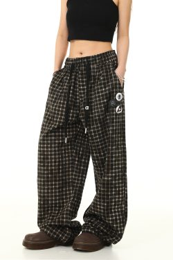 Retro Plaid Wide-Leg Casual Pants with Elastic Waist and Drawstring - Trendy Loose Drape Trousers for Y2K Style