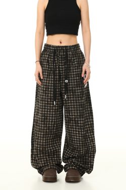 Retro Plaid Wide-Leg Casual Pants with Elastic Waist and Drawstring - Trendy Loose Drape Trousers for Y2K Style