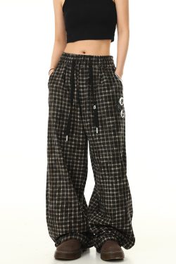 Retro Plaid Wide-Leg Casual Pants with Elastic Waist and Drawstring - Trendy Loose Drape Trousers for Y2K Style