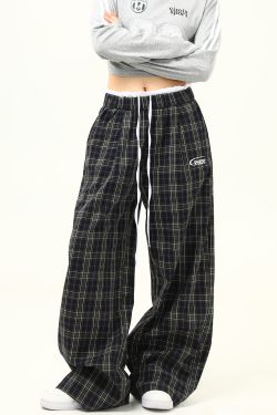 Retro Plaid Wide-Leg Double-Waist Casual Pants for Women - Loose Straight Floor-Length Trousers, Y2K Style