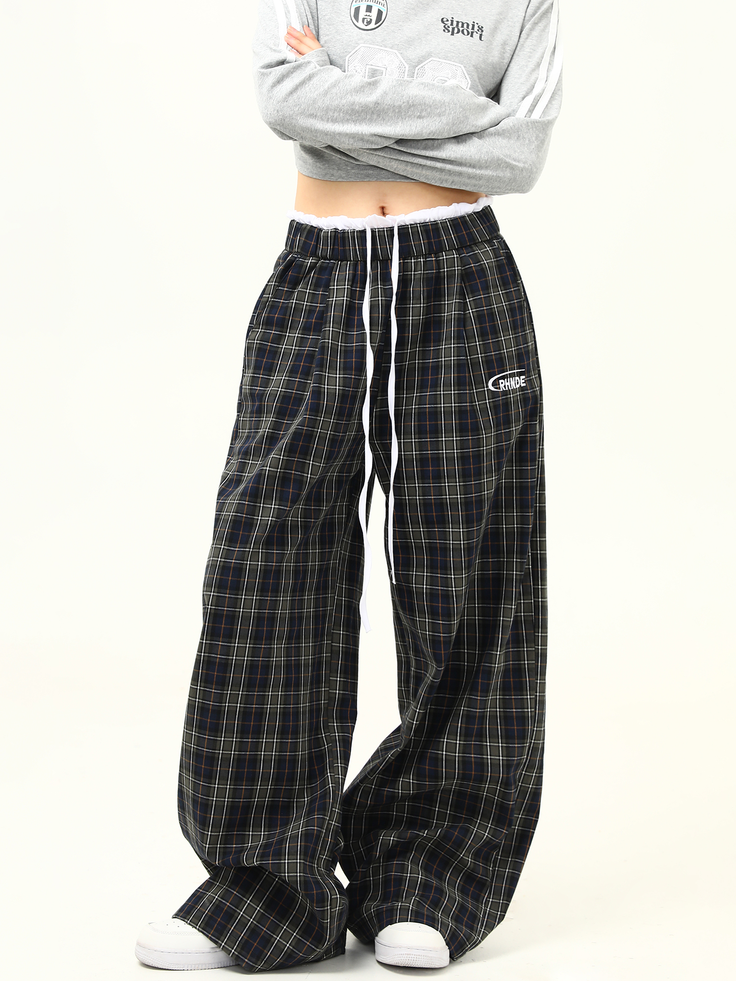 Retro Plaid Wide-Leg Double-Waist Casual Pants for Women - Loose Straight Floor-Length Trousers, Y2K Style Retro Plaid Wide-Leg Double-Waist Casual Pants for Women - Loose Straight Floor-Length Trousers, Y2K Style