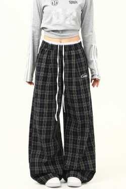 Retro Plaid Wide-Leg Double-Waist Casual Pants for Women - Loose Straight Floor-Length Trousers, Y2K Style