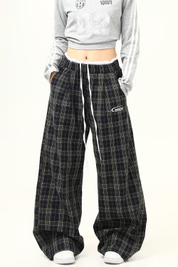 Retro Plaid Wide-Leg Double-Waist Casual Pants for Women - Loose Straight Floor-Length Trousers, Y2K Style