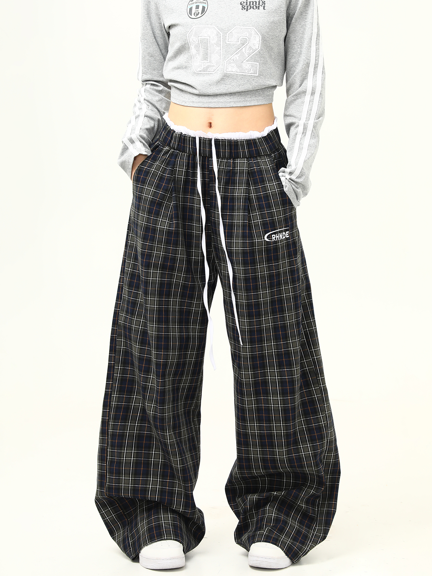 Retro Plaid Wide-Leg Double-Waist Casual Pants for Women - Loose Straight Floor-Length Trousers, Y2K Style Retro Plaid Wide-Leg Double-Waist Casual Pants for Women - Loose Straight Floor-Length Trousers, Y2K Style