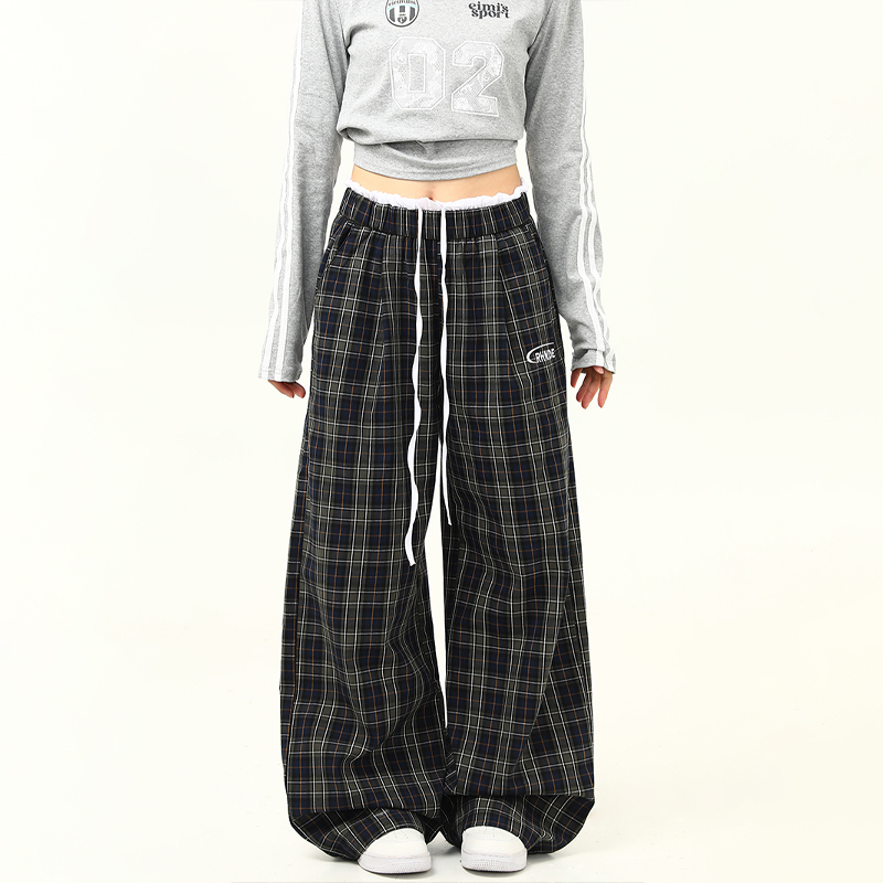 Retro Plaid Wide-Leg Double-Waist Casual Pants for Women - Loose Straight Floor-Length Trousers, Y2K Style Retro Plaid Wide-Leg Double-Waist Casual Pants for Women - Loose Straight Floor-Length Trousers, Y2K Style