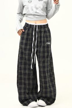 Retro Plaid Wide-Leg Double-Waist Casual Pants for Women - Loose Straight Floor-Length Trousers, Y2K Style