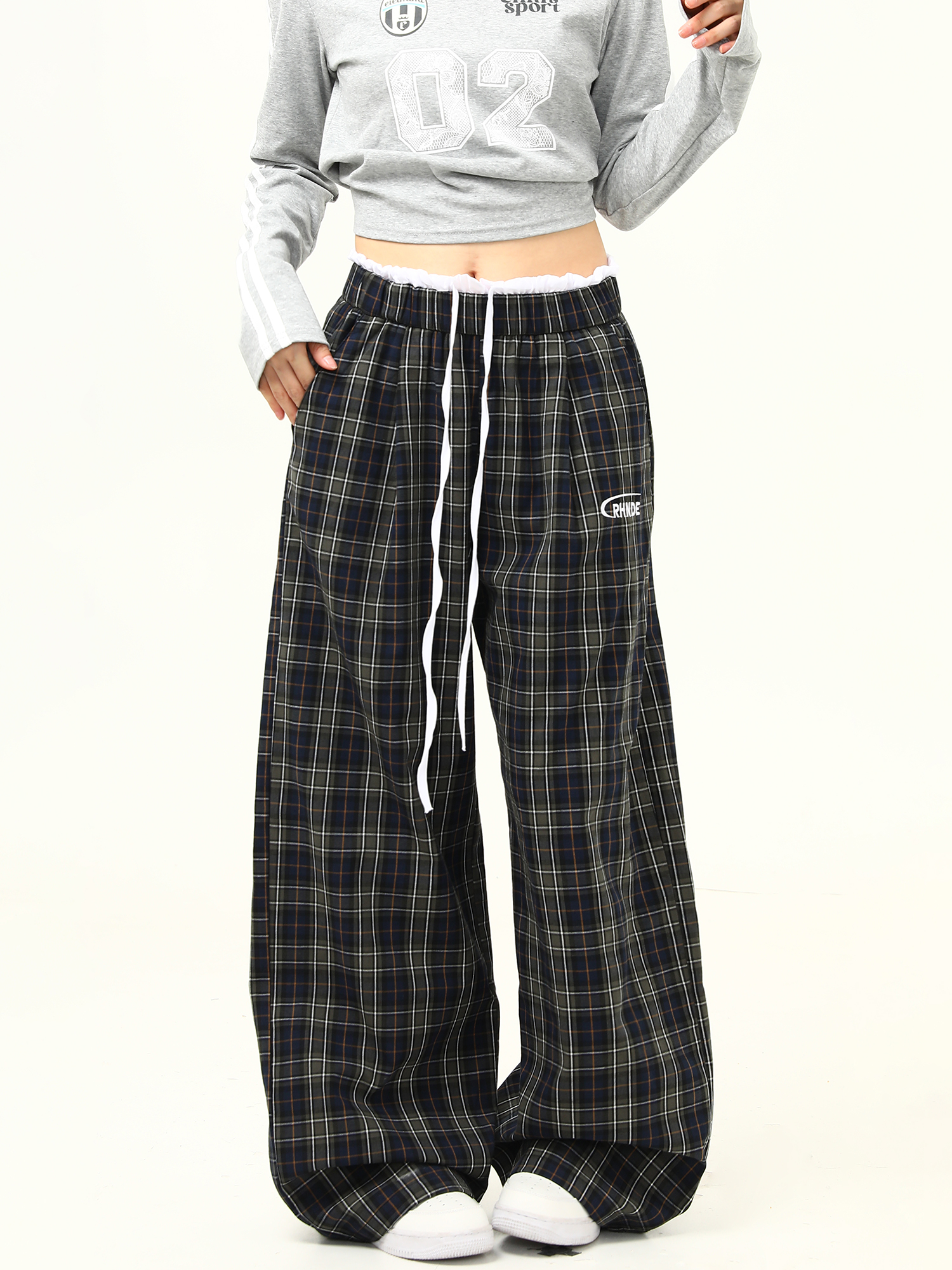 Retro Plaid Wide-Leg Double-Waist Casual Pants for Women - Loose Straight Floor-Length Trousers, Y2K Style Retro Plaid Wide-Leg Double-Waist Casual Pants for Women - Loose Straight Floor-Length Trousers, Y2K Style