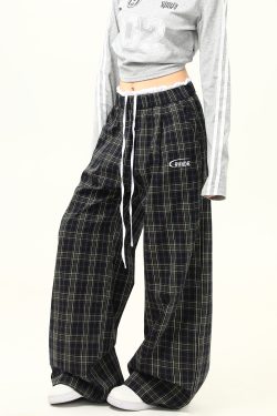 Retro Plaid Wide-Leg Double-Waist Casual Pants for Women - Loose Straight Floor-Length Trousers, Y2K Style