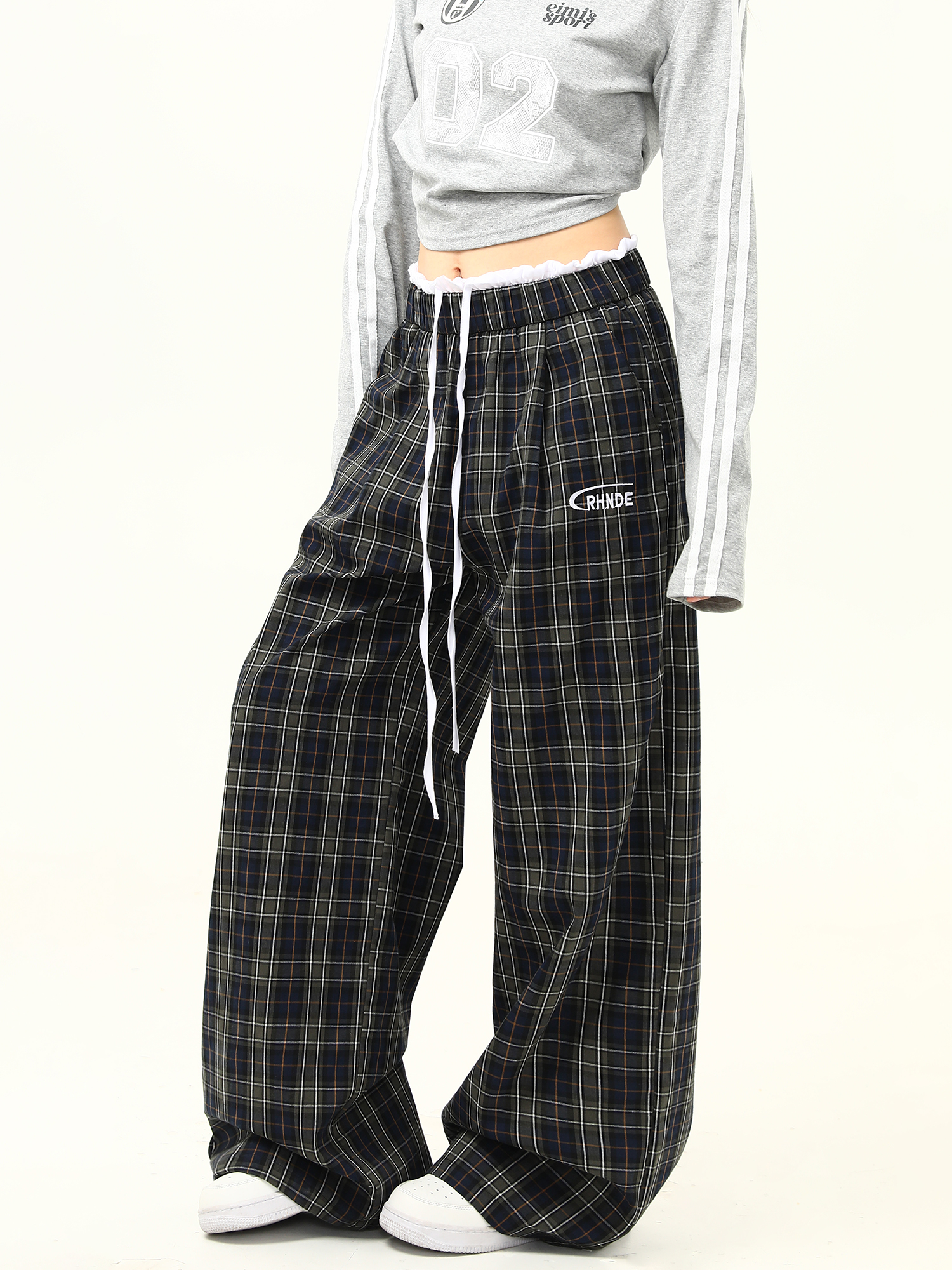 Retro Plaid Wide-Leg Double-Waist Casual Pants for Women - Loose Straight Floor-Length Trousers, Y2K Style Retro Plaid Wide-Leg Double-Waist Casual Pants for Women - Loose Straight Floor-Length Trousers, Y2K Style