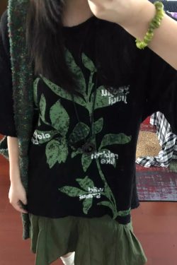 Retro Plant-Themed Korean Style Casual Loose Fit Cotton Summer Short Sleeve T-Shirt